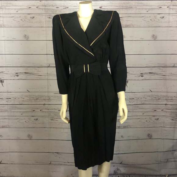 Vintage Jonathan Martin Silk black & gold dress with large round collar size 8 - Picture 2 of 12